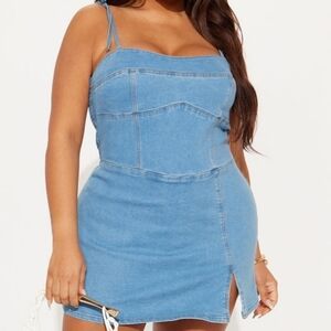 Fashion Nova Light Blue Denim Mini Dress with Side Slit